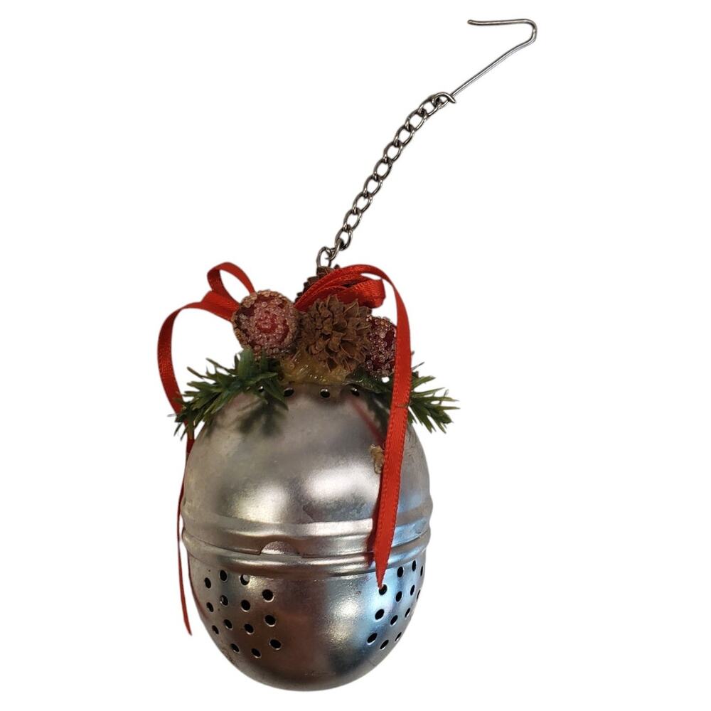Vintage Tea Infuser Christmas Ornament Home Made Pinecone Red Ribbon 3"